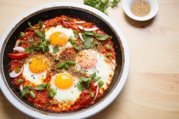 shakshuka in a deep dish, sprinkled with sesame seeds