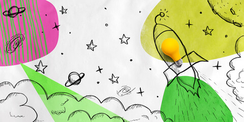 Idea light bulb rocket flying to the sky - Flat lay