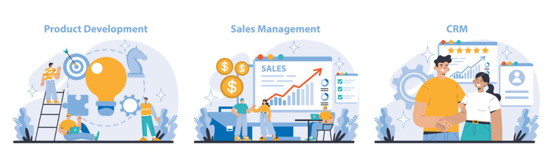 Business Process set. Innovations in product development. Dynamics of sales management. Effective CRM implementation. Capturing workplace synergy and productivity. Flat vector illustration.
