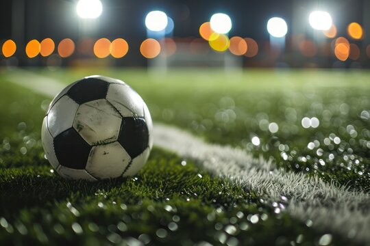 black and white soccer ball on lush field, illuminated by stadium lights with a bokeh background
