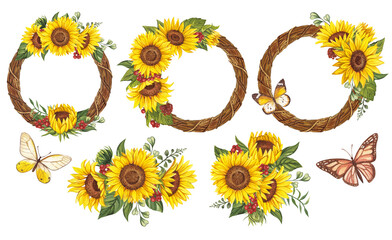 Sunflower clipart. Watercolor floral illustrations. Wreath and bouquet. Yellow flowers for rustic wedding design, thanksgiving decoration, scrapbooking. Elements isolated on transparent background