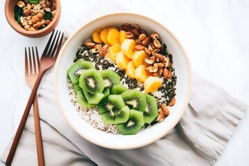 overhead shot of spirulina bowl topped with kiwi and granola