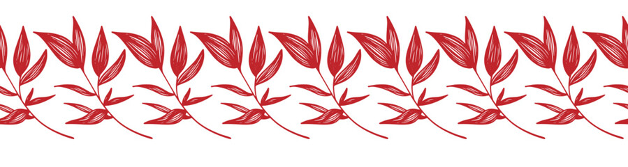 Fototapeta na wymiar A decorative border of branches is highlighted on a white background. A pattern of leaves. Vector illustration. For nature, eco and design. Hand-drawn plants, a frame for a postcard.