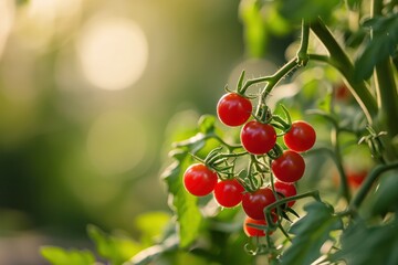 Obraz premium Cherry tomatoes ripening on the vine, bathed in soft sunlight amidst green foliage