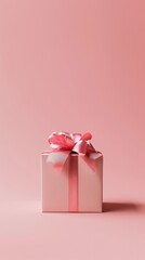 Elegant gift box with pink ribbon on a soft pink background, minimalistic and festive