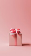 Obraz premium Elegant gift box with pink ribbon on a soft pink background, minimalistic and festive