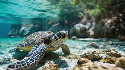 Obraz premium Big Turtle Swimming at Shiraho Beach Japan