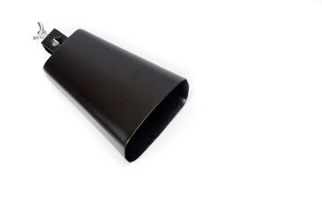 Cowbell percussion musical instrument, black metal with a wooden stick.
