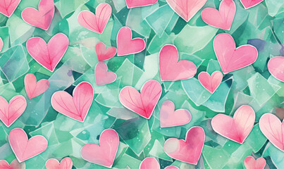 watercolor seamless green pattern with pink hearts