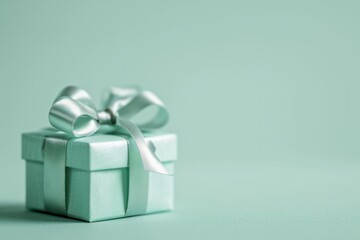 Elegant mint green gift box with satin ribbon on a serene turquoise background, soft lighting