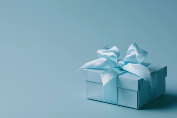 Modern blue gift box with a shimmering ribbon on a matching cool-toned background
