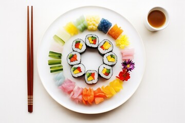 rainbow sushi rolls assortment on a white porcelain plate
