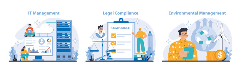 Operational processes and technologies set. Infrastructure optimization and regulatory adherence. Sustainable practices in environmental management. Flat vector illustration.