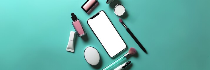 Top view of a mobile phone and cosmetic products for beauty shopping app concept - obrazy, fototapety, plakaty