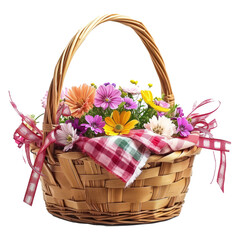 Fototapeta na wymiar Easter basket with flowers and ribbons