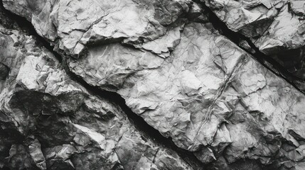 Black and white rough stone mountain surface with cracks creates a rock texture background. Textured monochrome rock background with ample space for design