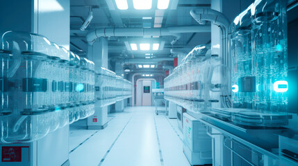 Obraz premium Producing medicines and drugs in futuristic laboratory with advanced technology, state-of-the-art design, digital displays in cool colors. Innovative, cutting edge research. Scientific Advances. Buds