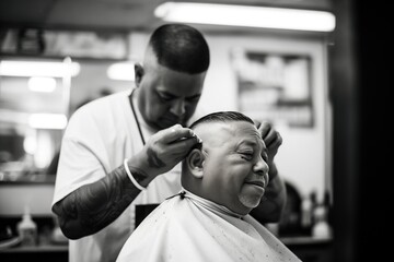 barber giving a customer a haircut with scissors and comb - Powered by Adobe