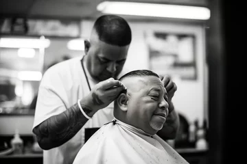 Foto op Plexiglas barber giving a customer a haircut with scissors and comb © Natalia