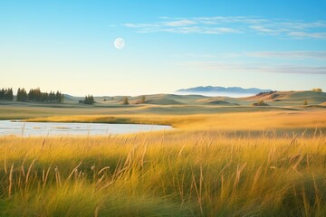 Fototapeta premium moonrise over tranquil, undisturbed grassland terrain
