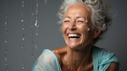 a close-up image of a stunning elderly american model and grinning. for a print or web advertisement. isolated raindrops on an umbrella outside on a wet day on a white wall background. unclear backgro
