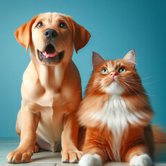 A cat and dog sit side by side, gazing upward, showcasing adorable companionship on a vibrant blue background