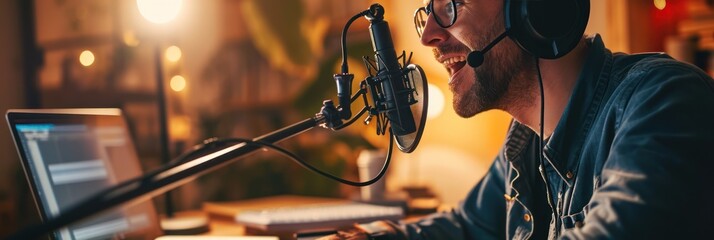 Joyful podcaster in a home studio setup, speaking into microphone, warm ambient lighting