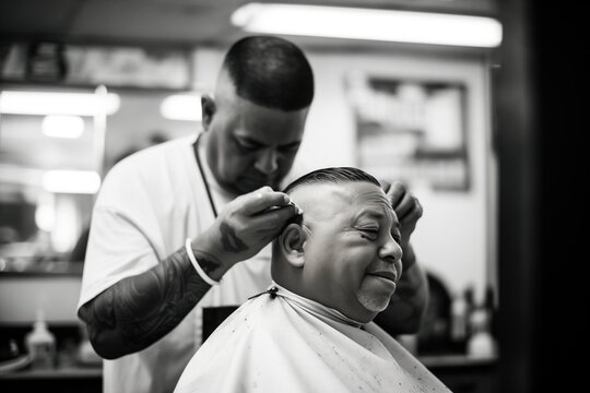 barber giving a customer a haircut with scissors and comb