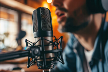 Male podcaster speaking into professional microphone, home studio with lighting and casual attire