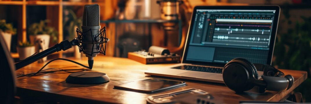home podcasting scene with microphone, laptop displaying audio software, and cozy indoor lighting