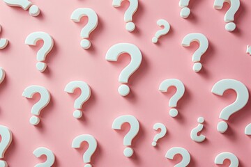 Multiple white question marks scattered on pink background, confusion, inquiry, decision-making