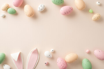 Embrace Easter spirit with this charming setup. Top-view shot featuring traditional eggs, playful bunny ears on a pastel beige background. Customizable space for your text or advert