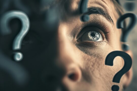 Close-up of a man face with questioning expression, question marks floating around, inquiry