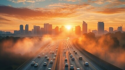 misty city from air pollution in the morning sunrise. - obrazy, fototapety, plakaty