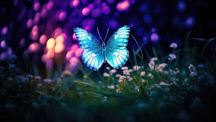 Fototapeta na wymiar Beautiful butterflies shine in the fantasy forest