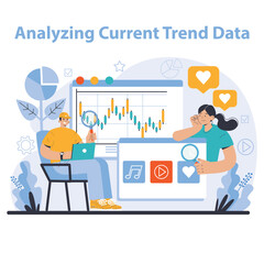 Trend watching. Specialist tracking new business trends. Forecasting, data analysis and promotion strategy development. Flat vector illustration