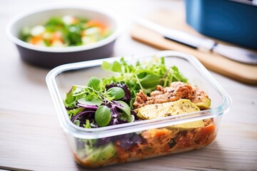lasagna packed in a meal prep container with salad