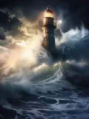 Raamstickers lighthouse in the storm at sunset © Maizal