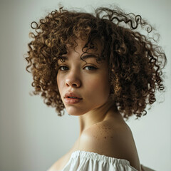 Girl with short curly hair on a light background
