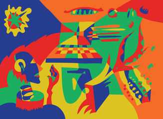 Bright futuristic illustration in vector flat style. Illusion illustration with laptop, floral drawing and woman. Digital detox idea. Artificial intelligence concept. Human design. Modern scientists.