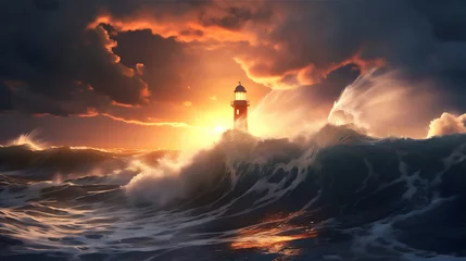 Selbstklebende Fototapeten lighthouse in the storm at sunset © Maizal