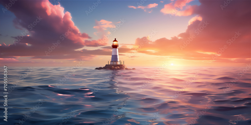 Wall mural lighthouse in the sea at sunset