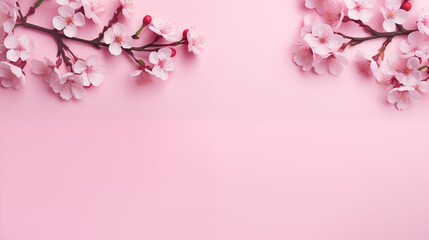 Sakura Cherry branches with blooming flowers on a pink background.