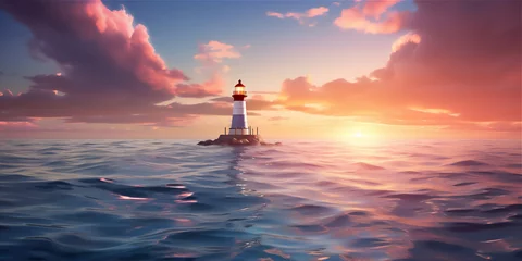 Gordijnen lighthouse in the sea at sunset © Maizal