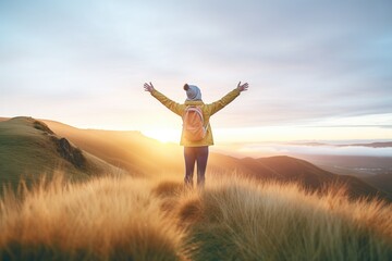 person with arms raised on top of a hill at sunrise