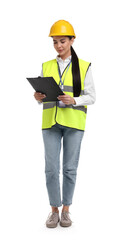 Engineer in hard hat holding clipboard on white background