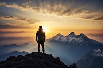 silhouette of a person on a mountain top, resolute man standing amidst the snowy peaks, conquering the challenging heights of the alpine landscape, mountain mastery - Powered by Adobe
