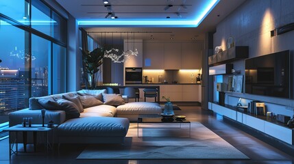 An elegantly designed modern living room at night, showcasing blue mood lighting and a stunning cityscape through large windows.
