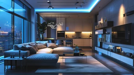 Deurstickers An elegantly designed modern living room at night, showcasing blue mood lighting and a stunning cityscape through large windows.  © logonv