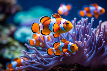 Clown Anemonefish, Amphiprion percula, swimming among the tentacles of its anemone home. - obrazy, fototapety, plakaty